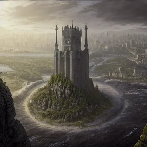 Image similar to an ultra detailed matte painting of a lonely and impossibly tall ominous dark tower elevated high above the city, on an isolated plateau island in a river elevated high above the city fortress tower, fantasy capital city, ultrawide lense, aerial photography, volumetric lighting, exquisite detail, 8 k, art by m. c. escher and greg rutkowski and alphonse mucha