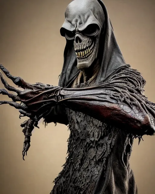 Prompt: photo taken of an epic intricate, ultra detailed, super realistic gritty, hero prop, exquisitely weathered animatronic movie prop of a lifelike sculpture of a nightmarish lifesize version of the grim reaper creature created by weta workshop, full body shot, photorealistic, sharp focus