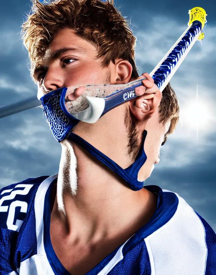 Image similar to closeup portrait of very beautiful cute male lacrosse player in a penn state stadium, glamour pose, particle effects, backlit, highly detailed, soft ambient lighting, sharp focus, rule of thirds, artgerm, wlop, arney freytag, rossdraws, frank frazetta, andrei riabovitchev, hd, octane, 4 k