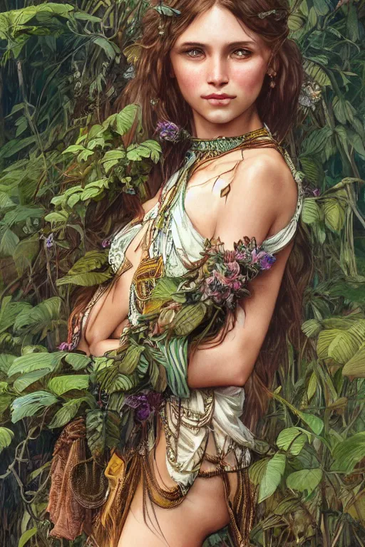 Prompt: ultra realistic illustration, bohemian girl in jungle, staring directly into camera, intricate, elegant, highly detailed, digital painting, artstation, concept art, smooth, sharp focus, illustration, art by artgerm and greg rutkowski and alphonse mucha