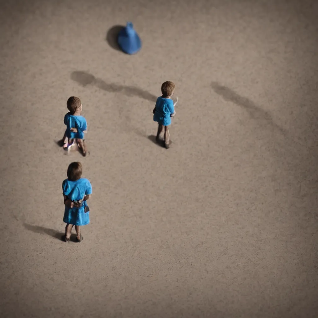 Prompt: miniature human standing in the shadow an enormous cake, low angle