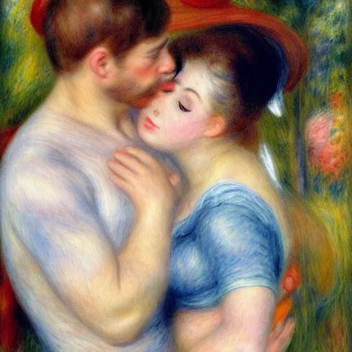 Image similar to in the style of Pierre-Auguste Renoir, I dreamt that we left all the pain and sorrows behind. We looked into our eyes as we placed our hands on each other’s chest, and all the love and happiness that had been dampened by our wounds emerged like a sprout. It felt like home. Our bodies were covered by soothing colors. Blue, violet, pink and white rays of light caressed our hearts, and suddenly, we were one. It was always meant to be that way, even though our heads tried to fool us in the past. We were one. ethereal lights, details, smooth, sharp focus, illustration, realistic, cinematic, artstation, award winning, rgb , unreal engine, octane render, cinematic light, macro, depth of field, blur, red light and clouds from the back, highly detailed epic cinematic concept art CG render made in Maya, Blender and Photoshop, octane render, excellent composition, dynamic dramatic cinematic lighting, aesthetic, very inspirational, arthouse.