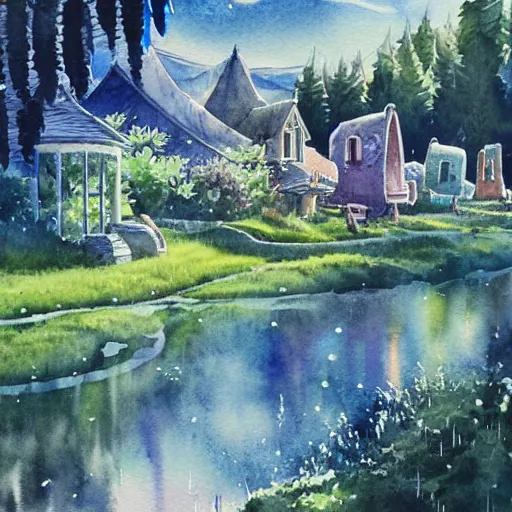 Image similar to Beautiful happy picturesque charming sci-fi town in harmony with nature. Beautiful light. Water and plants. Nice colour scheme, soft warm colour. Beautiful detailed watercolor by Lurid. (2022)