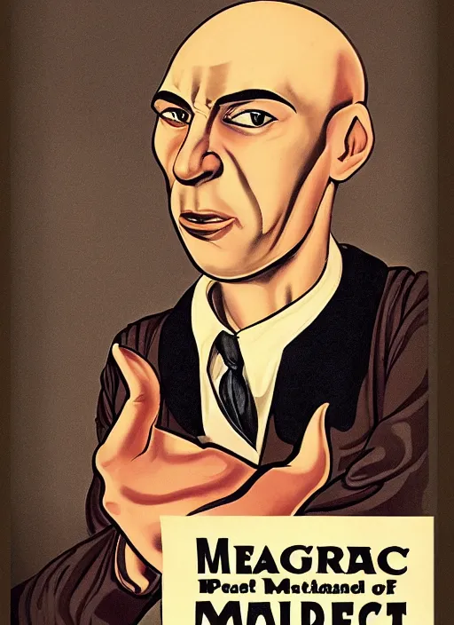 Prompt: portrait of glamorous bald medieval man with big nose and annoyed gesture, threatening pose, 1940s propaganda poster, full hd,highly detailed