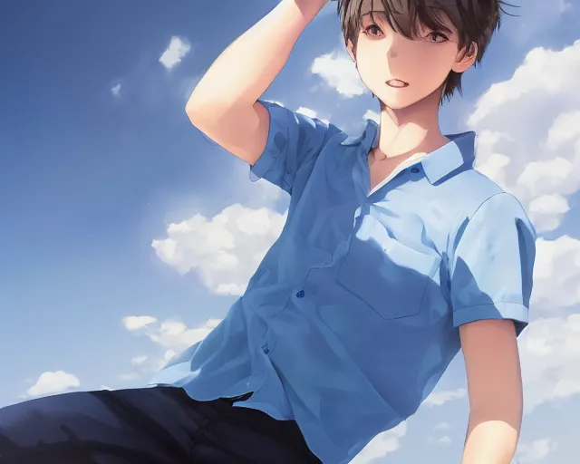 Image similar to teen looking at blue sky, wearing white shirt, cool pose, sharp details, sharp focus, detailed face, illustration, by pine ( ハイネ ) and 薯 子 imoko and 香 川 悠 作 and wlop and maya takamura, highly detailed, trending artstation, pixiv, digital art