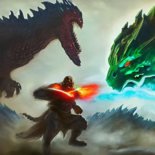 Image similar to ganondorf fighting Godzilla, oil painting, 4k, trending on artstation