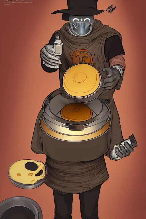 Image similar to professional photographic shoot mf doom making pancakes, animation pixar style, by pendleton ward, magali villeneuve, artgerm, rob rey and kentaro miura style, golden ratio, trending on art station