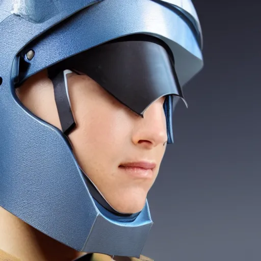 Image similar to a futuristic soldier captain with a metal visor and a blue shoulderpad