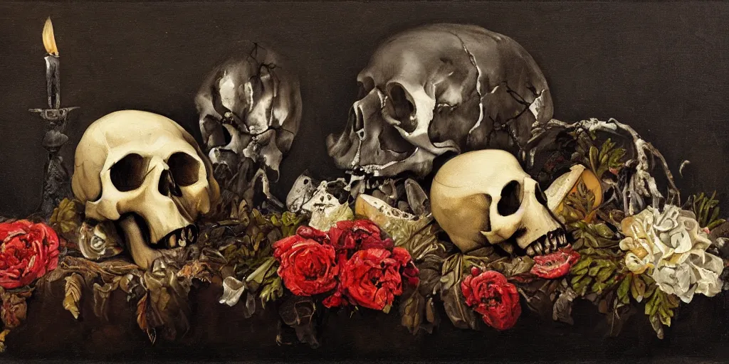 Prompt: still life painting with a skull on a silver platter, dead flowers, rotten fruit, lit by a single candle