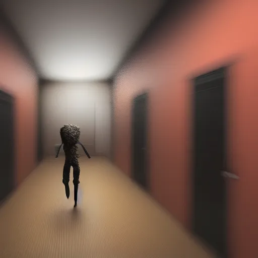 Image similar to a monster chasing you in the backrooms, horror, creepy, motion blur