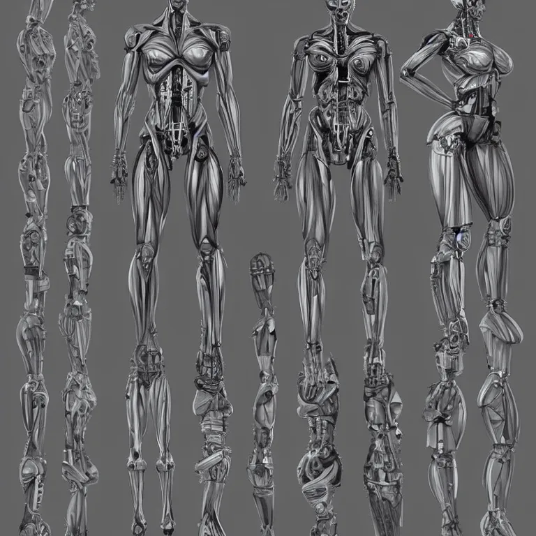Image similar to symmetry!! human anatomy with cybernetic implants, gun metal grey, mecha, three - perspective / three - view reference sheet ( front / back / side ), muscles reference art, bionic, digital art, in the style of amanda lilleston, luka mivsek, bryan christie, artstation, pinterest, deviantart, photoshop, unreal engine