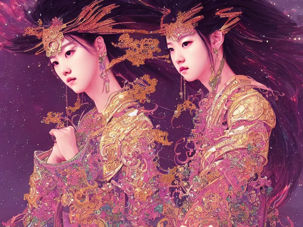 Prompt: portrait jisoo blackpink, wearings samurai colorpunk armor, in temple fire stormy sparkles night, ssci - fi and fantasy, intricate and very very beautiful and elegant, highly detailed, digital painting, artstation, concept art, smooth and sharp focus, illustration, art by tian zi and wlop and alphonse mucha