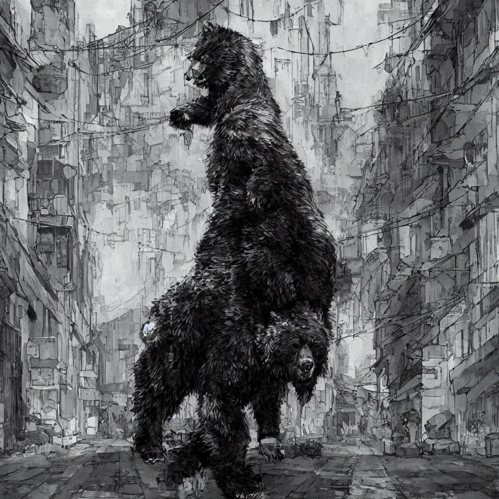Image similar to large werebear in an alley, in the style of yoji shinkawa
