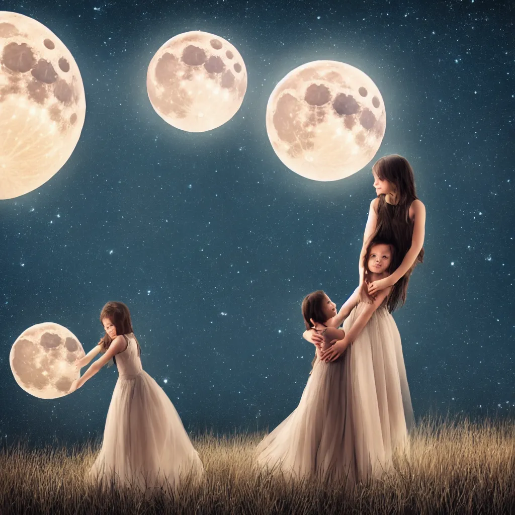 Image similar to girl hugs the moon, dress, realistic, night, light