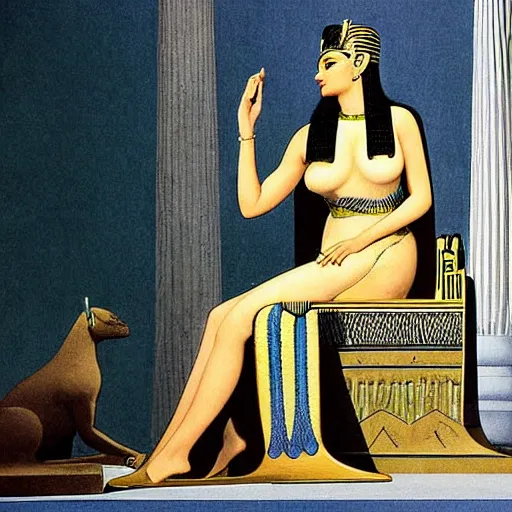 Prompt: Cleopatra sitting on her throne Egyptian architecture Monica Bellucci painted by Alberto Vargas