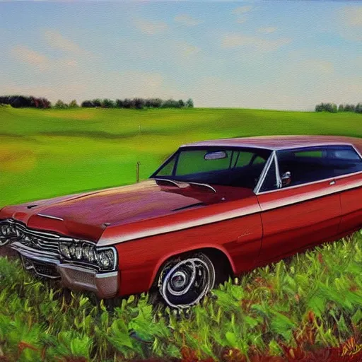 Image similar to chrome impala in a field, oil on canvas, extremely detailed masterpiece