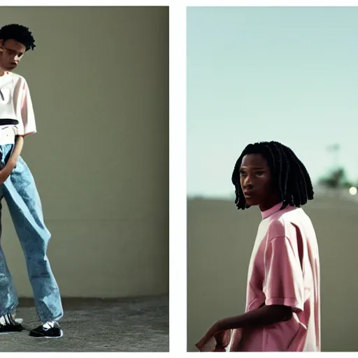 Image similar to realistic photoshooting for a new stussy!!! lookbook, color film photography, photo of a woman, photo in style of tyler mitchell, 3 5 mm, featured on vogue