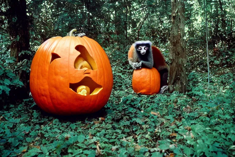 Prompt: a photo of a giant mutant lemur pumpkin in its natural habitat, kodak ektachrome e 1 0 0 photography