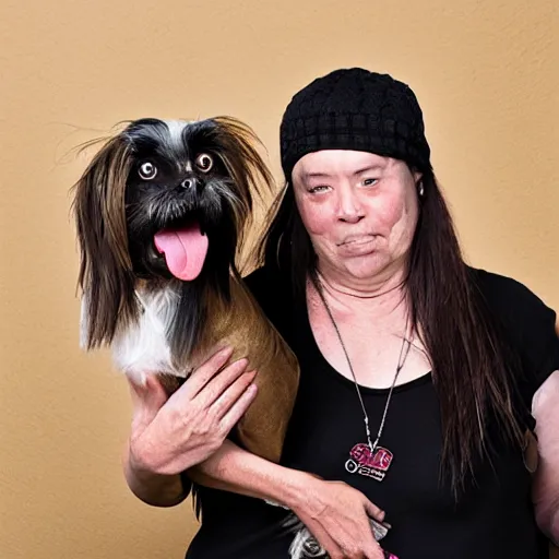 Prompt: worlds ugliest women with her ugly dog, studio photography