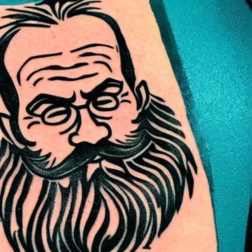 Image similar to tattoo design, stencil, a tarot card of an old man with a beard in the wind