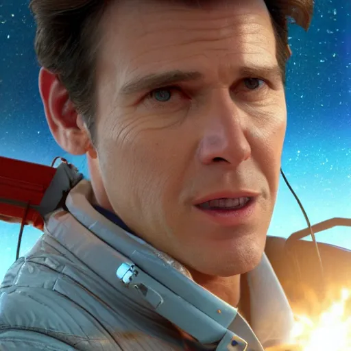 Image similar to hyperrealistic film still of ace ventura pet detective in space, stunning 3 d render, inspired by istvan sandorfi & greg rutkowski & unreal engine, perfect symmetry, dim volumetric cinematic lighting, 8 k octane comprehensive render, extremely hyper - detailed, incredibly lifelike attributes, intricate, real flesh texture, masterpiece, artstation, stunning,