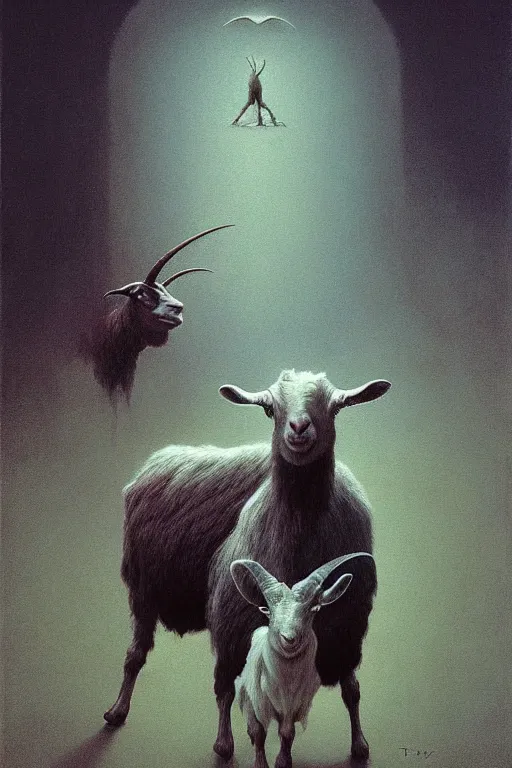 Image similar to painting of hybrid between human andy milonakis and a goat, by zdzislaw beksinski, by tiffany bozic, cold hue's, warm tone gradient background, concept art, beautiful composition, digital painting