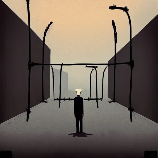 Image similar to a dystopian matte painting of a scared man standing in front of a fence with barbed wire by emiliano ponzi, james gilleard, george ault, david hockney, atey ghailan, albert namatjira, marius borgeaud, minimalist, bauhaus, retrofuturism, concept art, matte background, matte drawing, generative art