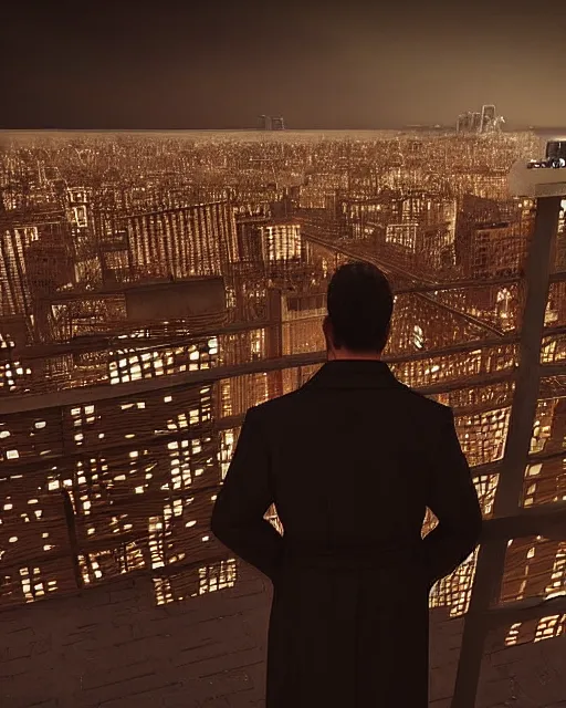 Prompt: a night rooftop scene, close up shot of a photorealistic gangster wearing a trench coat looking at the city below, unreal engine, hyper realism, realistic shading, cinematic composition, by Tarmo Juhola