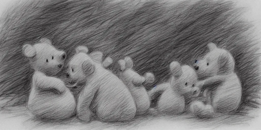 Image similar to winnie the pooh and tigger eating piglet, pencil sketch, high detail,