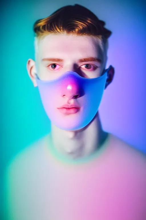 Image similar to high quality pastel coloured film mid angle portrait photograph of a beautiful young 2 0 year old male, soft features, short hair, perspex mask and oversized inflated clothing!!!! icelandic black! rock pool environment. atmospheric three point light. photographic. art directed. ( pastel colours ). volumetric. clearcoat. waves. 8 k. filmic.