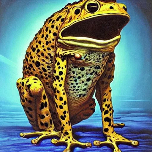 Image similar to alien frog, cheetah, and bird reaching through a painting. pulp sci - fi art. baroque period, oil on canvas