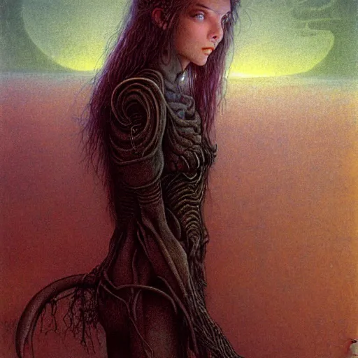 Image similar to cute young vampire tomboy girl with short short short dark hairs on lovecraftian planet by jean delville by luis royo and wayne barlowe, beksinski