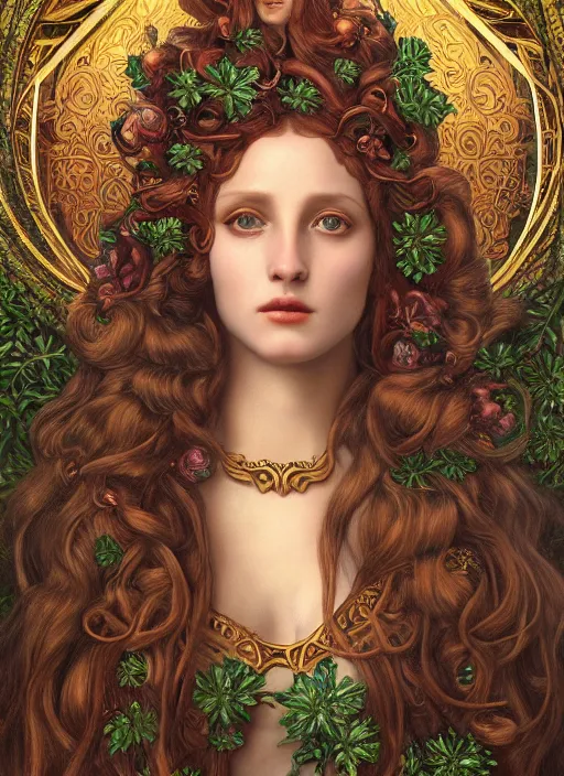 Image similar to ultradetailed ornate pre-raphaelite RPG illustration of beautiful symmetric Medusa radiating glowing aura, fully clothed with an art nouveau flowery dress, digital airbrush painting, 3d rim light, hyperrealistic masterpiece, artstation, cgsociety, kodakchrome, golden ratio