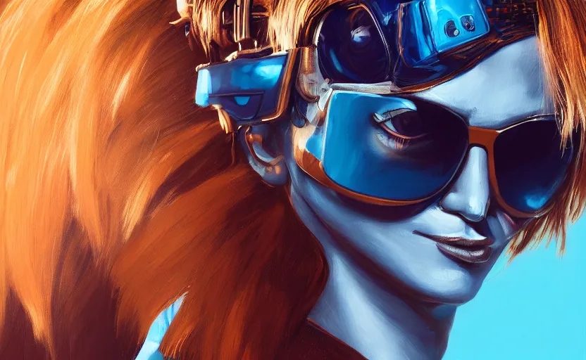 Image similar to closeup painting of donald trump cyberpunk woman smirking, wearing light blue shutter shades and a dark brown leather jacket, one side haircut, long brown hair with light blue ends, portrait, hyperdetailed, artstation, cgsociety, 8 k, synthwave by tangerine dream