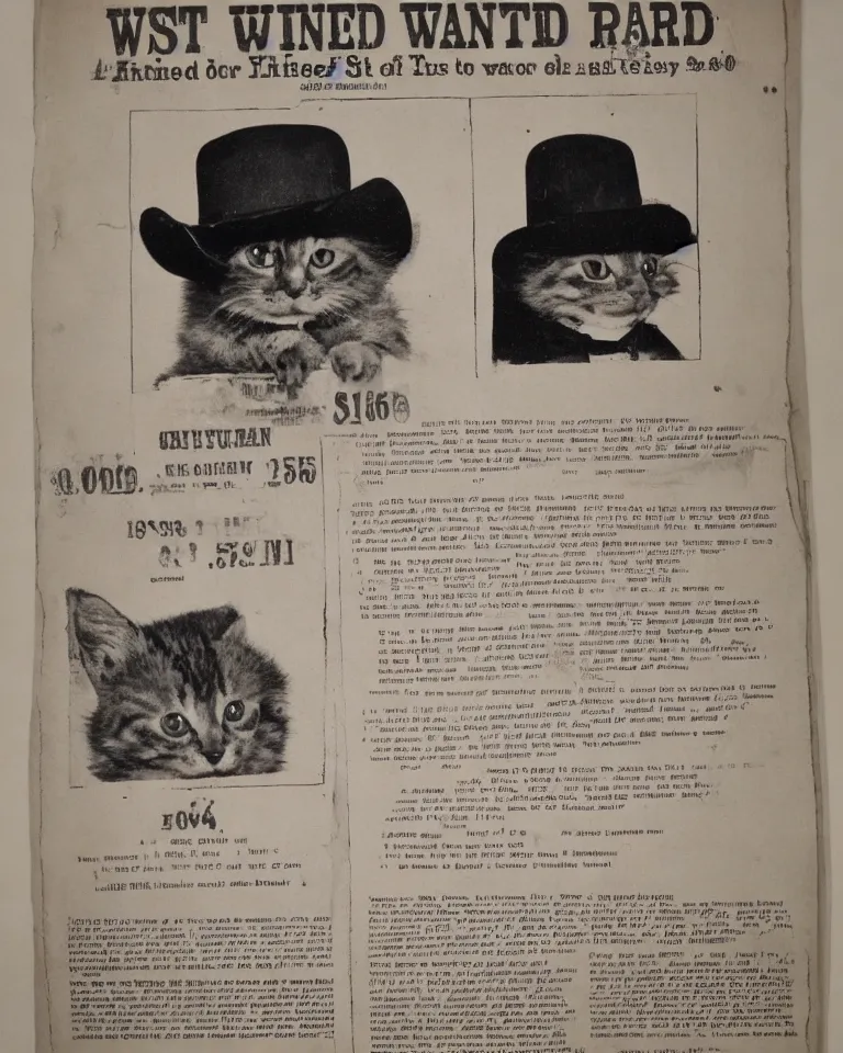 Image similar to 1865 wanted poster Wanted $1000 Reward kitten in cowboy hat Billy the Kit