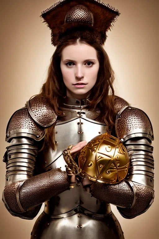 Image similar to female medieval knight, brown hair, by louis vuitton, gold and luxury materials, symmetrical, cinematic, elegant, professional studio light, real dlsr photography, sharp focus, 4 k, ultra hd, sense of awe, high fashion