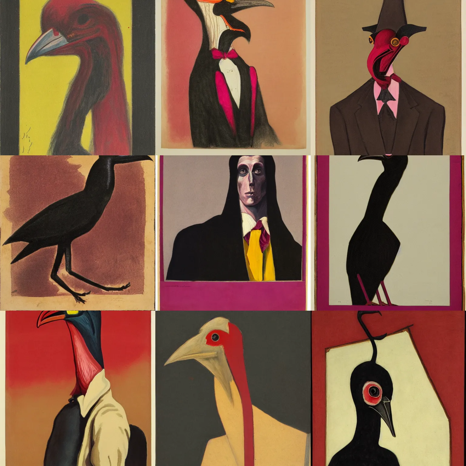 Prompt: long - necked human - crow creature, portrait in the style of american realism ( 1 9 1 1 ), formal attire, quinacridone magenta, hansa yellow, and burnt umber