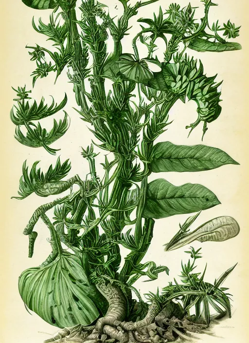 Prompt: fantasy scientific botanical illustration of a large bushy plant that walks around with human legs