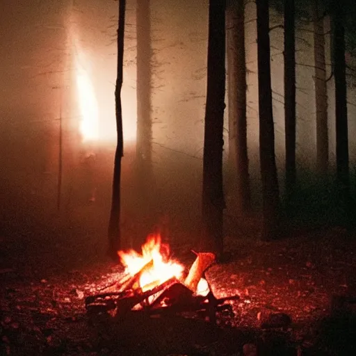 Image similar to skull in a campfire at night, spooky, horror, creepy lighting directed by wes craven