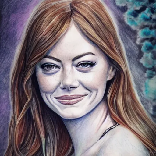 Image similar to hyper realistic pencil drawing of emma stone full body portrait, water color, as an eldritch princess, cloak, fantasy, dark, stunning, detail, sharp