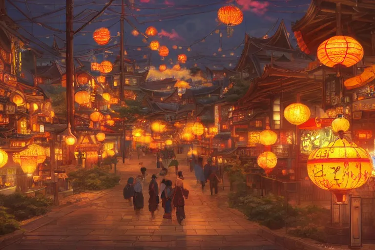 Image similar to fantasy art of a japan town at night, filled with glowing goldfish lanterns, by makoto shinkai, highly detailed digital art, trending on artstation