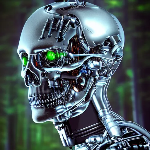 Image similar to super detailed portrait of a terminator's head, packed with cybernetics and and borg enhancements. In a forest with bokeh.