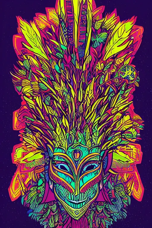 Image similar to animal mask totem roots flower tribal feather gemstone plant wood rock shaman vodoo video game vector cutout illustration vivid multicolor borderlands comics by josan gonzales and dan mumford radiating a glowing aura