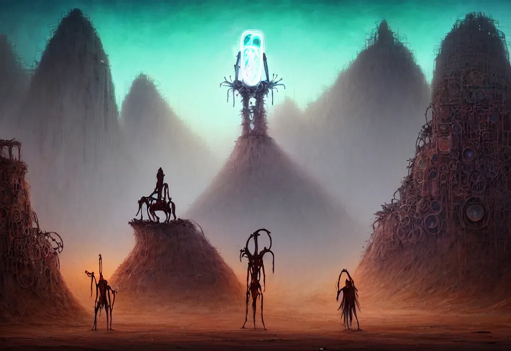 Prompt: A techno-magical shaman in shamanistic robes performs a ritual to resurrect a biomechanical horse in a huge steel ancient ruins covered of dunes of sand. Art by Finnian MacManus, Simon Stalenhag. Masterpiece, fantasy art, future, cinematic, hyperdetailed, sigils, photorealistic, cyberpunk, postapocalyptic, steampunk, hyperrealism, octane rendering, 8k, depth of field, bokeh, beautiful lighting.