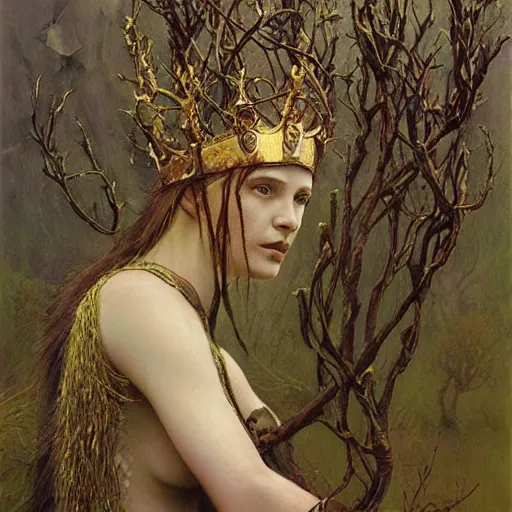 Prompt: priestess wearing a crown of twisting branches, by beksinski and artem demura and krenz cushart and john collier and robert henri