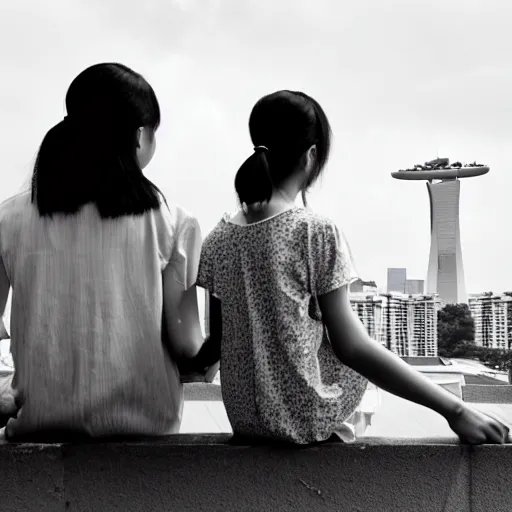 Image similar to solemn photo of two singaporean students sitting on the roof of a hdb flat, black and white, award winning, composition