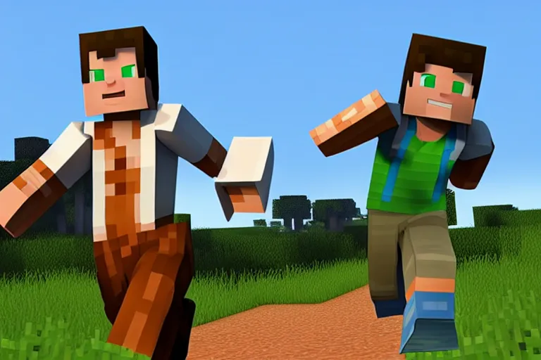 Prompt: minecraft steve running away from a fortnite default skin, photorealistic, hd, 8 k