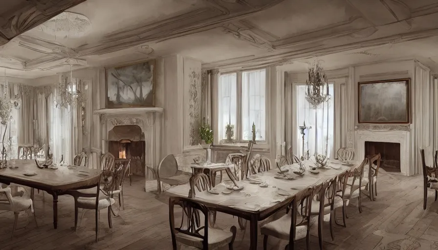 Prompt: White dining room with a fireplace and a long wooden table in a beautiful English manor at day, hyperdetailed, artstation, cgsociety, 8k