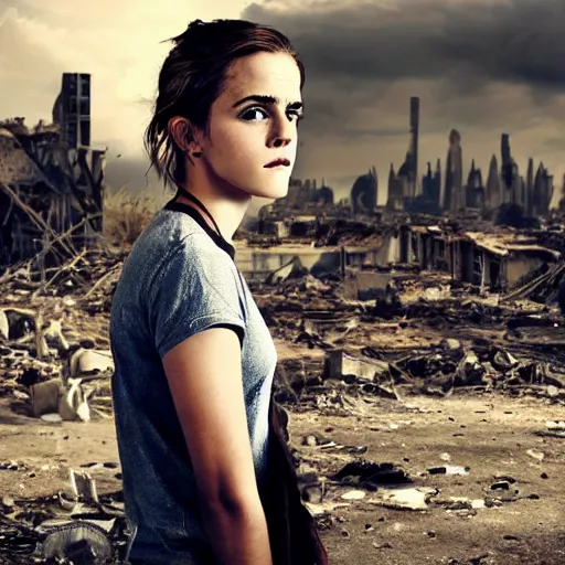 Image similar to concerned and tired emma watson in shredded dirty clothes rags, in the ruins of civilization after the apocalypse, looming city ruins backdrop, hd photo, high detail