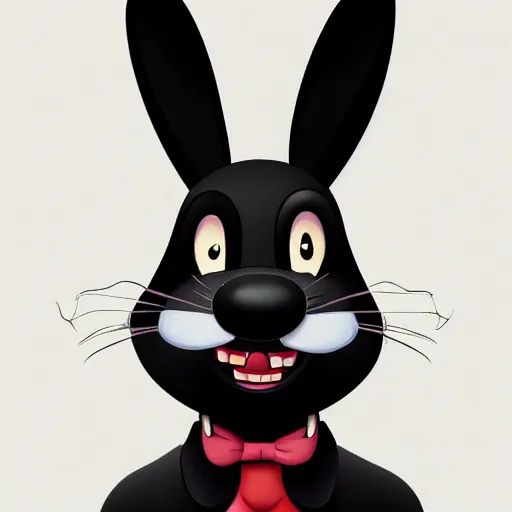 Image similar to A extremely highly detailed majestic hi-res beautiful, highly detailed head and shoulders portrait of a scary terrifying, horrifying, creepy black cartoon rabbit with scary big eyes, earing a shirt laughing, hey buddy, let's be friends, in the art style of Walt Disney